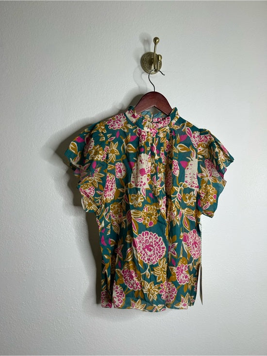 Trovata Cotton Ramie Carla High Neck Floral Short Sleeve Blouse Top