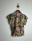 Trovata Cotton Ramie Carla High Neck Floral Short Sleeve Blouse Top