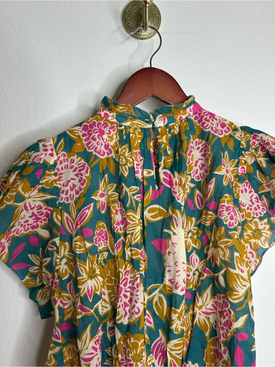 Trovata Cotton Ramie Carla High Neck Floral Short Sleeve Blouse Top