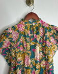 Trovata Cotton Ramie Carla High Neck Floral Short Sleeve Blouse Top
