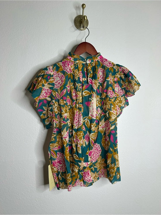 Trovata Cotton Ramie Carla High Neck Floral Short Sleeve Blouse Top