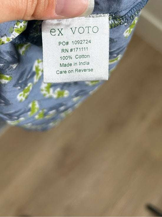 Ex - Voto 100% Cotton Blue Block Print Bohemian Iris Sundress Maxi Flowy