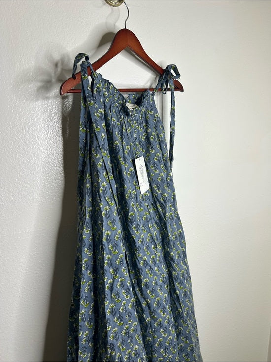 Ex - Voto 100% Cotton Blue Block Print Bohemian Iris Sundress Maxi Flowy