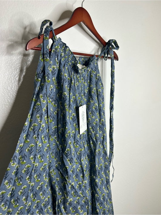 Ex - Voto 100% Cotton Blue Block Print Bohemian Iris Sundress Maxi Flowy