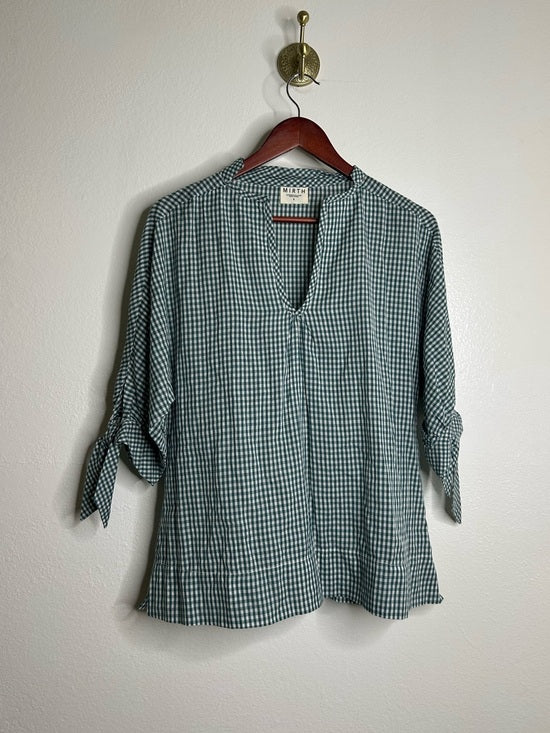 MIRTH 100% Cotton Green Gingham Short Sleeve Oversized Tunic Blouse
