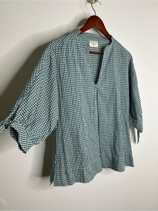 MIRTH 100% Cotton Green Gingham Short Sleeve Oversized Tunic Blouse