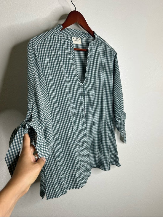 MIRTH 100% Cotton Green Gingham Short Sleeve Oversized Tunic Blouse