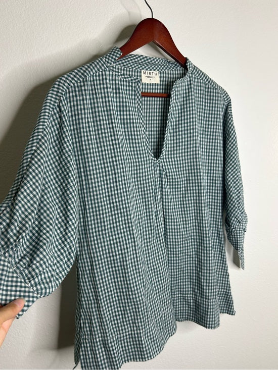 MIRTH 100% Cotton Green Gingham Short Sleeve Oversized Tunic Blouse