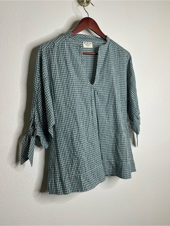 MIRTH 100% Cotton Green Gingham Short Sleeve Oversized Tunic Blouse