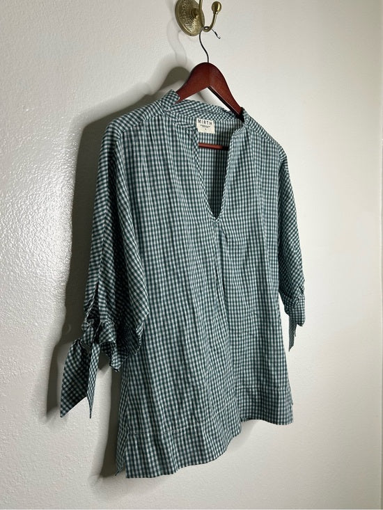MIRTH 100% Cotton Green Gingham Short Sleeve Oversized Tunic Blouse