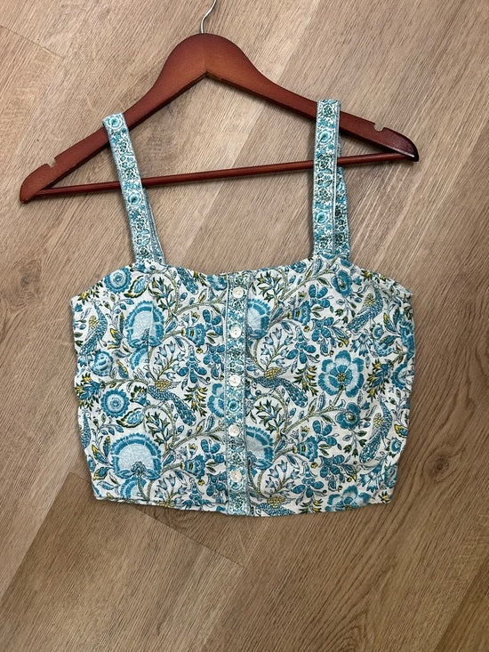 Rachel Zoe 100% Linen Blue Paisley Peacock Print Button Down Tank Top