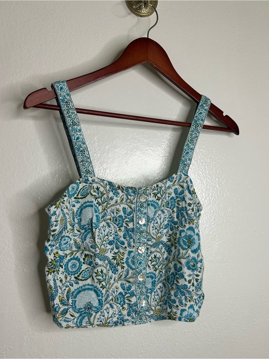 Rachel Zoe 100% Linen Blue Paisley Peacock Print Button Down Tank Top