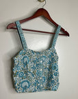 Rachel Zoe 100% Linen Blue Paisley Peacock Print Button Down Tank Top