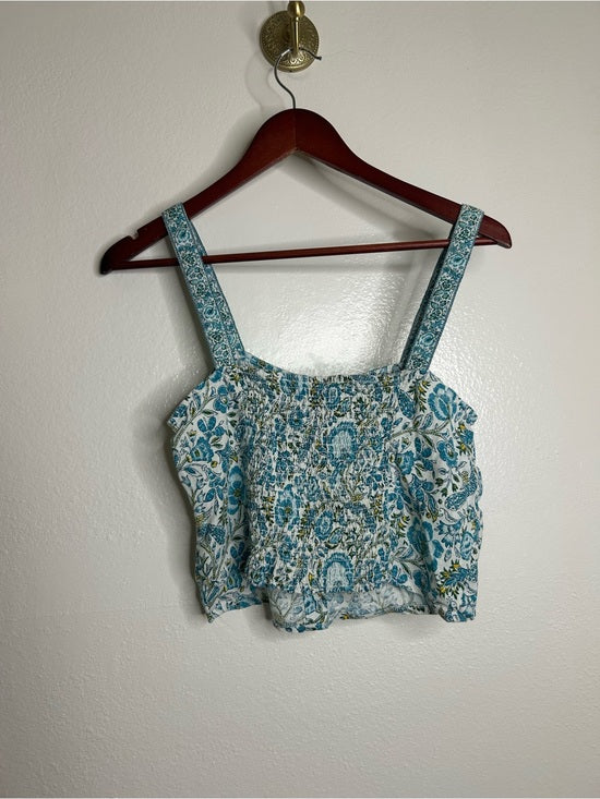 Rachel Zoe 100% Linen Blue Paisley Peacock Print Button Down Tank Top