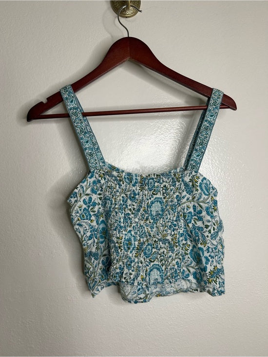 Rachel Zoe 100% Linen Blue Paisley Peacock Print Button Down Tank Top