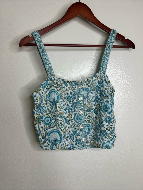 Rachel Zoe 100% Linen Blue Paisley Peacock Print Button Down Tank Top