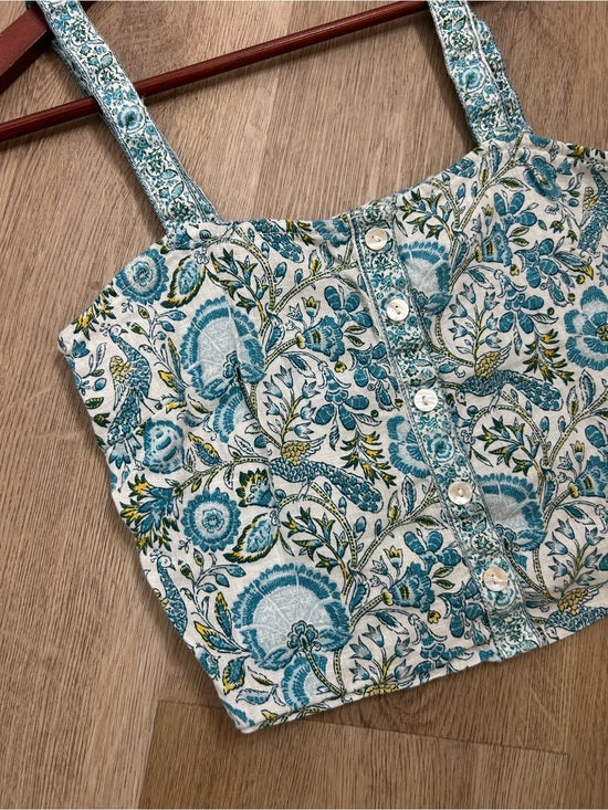 Rachel Zoe 100% Linen Blue Paisley Peacock Print Button Down Tank Top