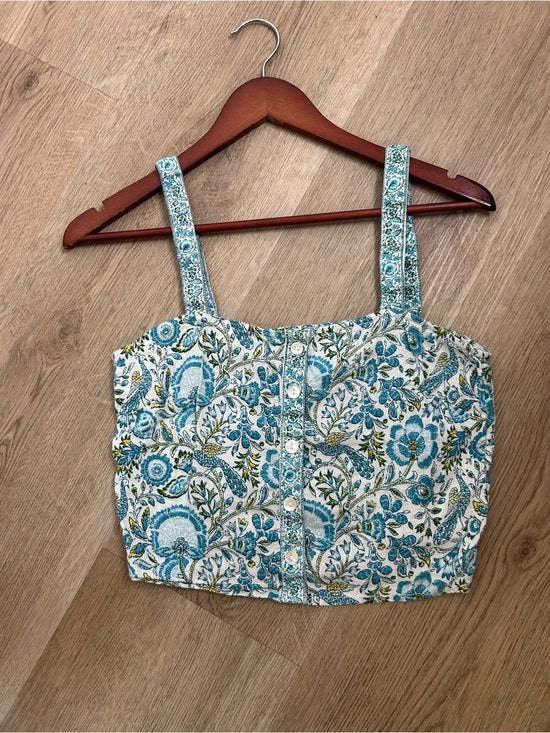 Rachel Zoe 100% Linen Blue Paisley Peacock Print Button Down Tank Top
