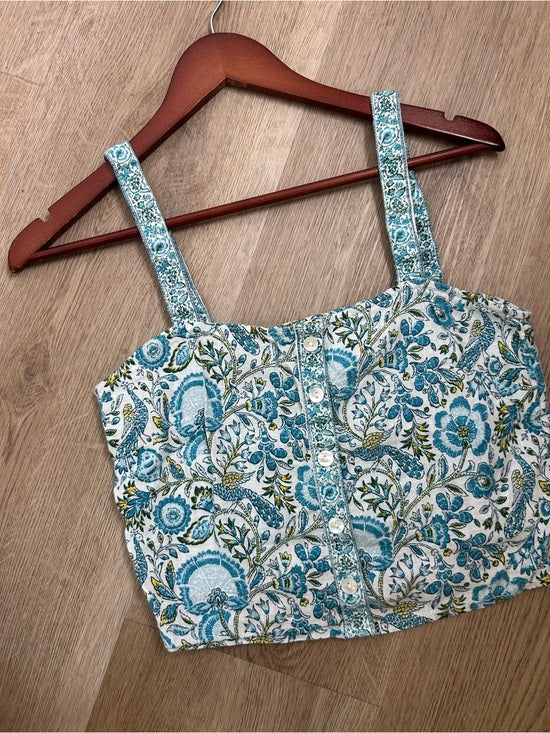 Rachel Zoe 100% Linen Blue Paisley Peacock Print Button Down Tank Top