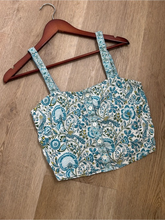 Rachel Zoe 100% Linen Blue Paisley Peacock Print Button Down Tank Top