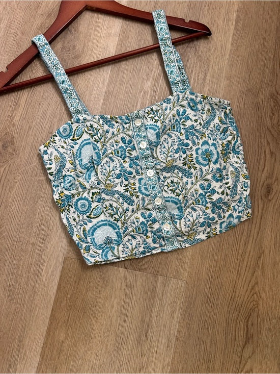 Rachel Zoe 100% Linen Blue Paisley Peacock Print Button Down Tank Top