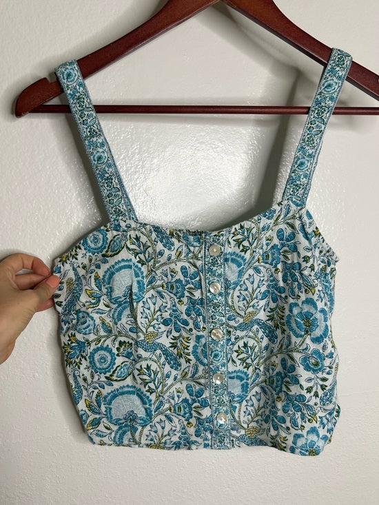 Rachel Zoe 100% Linen Blue Paisley Peacock Print Button Down Tank Top