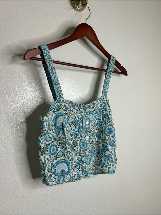 Rachel Zoe 100% Linen Blue Paisley Peacock Print Button Down Tank Top