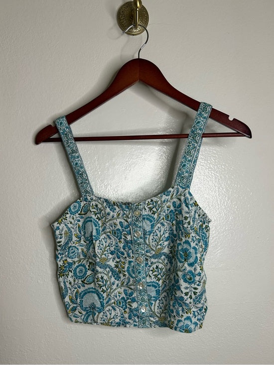 Rachel Zoe 100% Linen Blue Paisley Peacock Print Button Down Tank Top