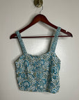 Rachel Zoe 100% Linen Blue Paisley Peacock Print Button Down Tank Top