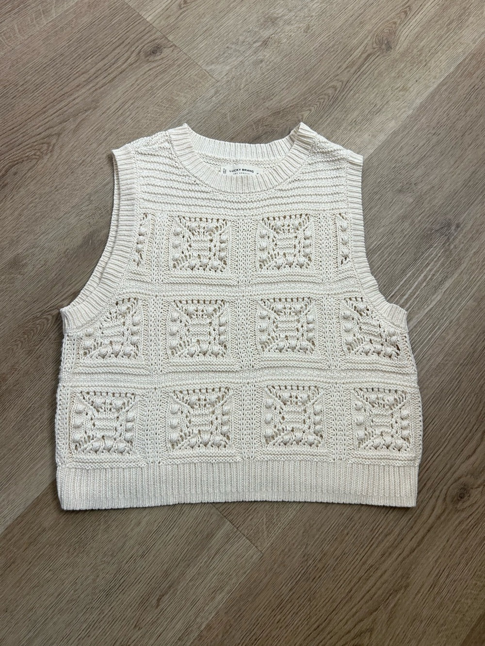 Lucky Brand 100% Cotton Cream Crochet Bobble Knit Sweater Tank Top