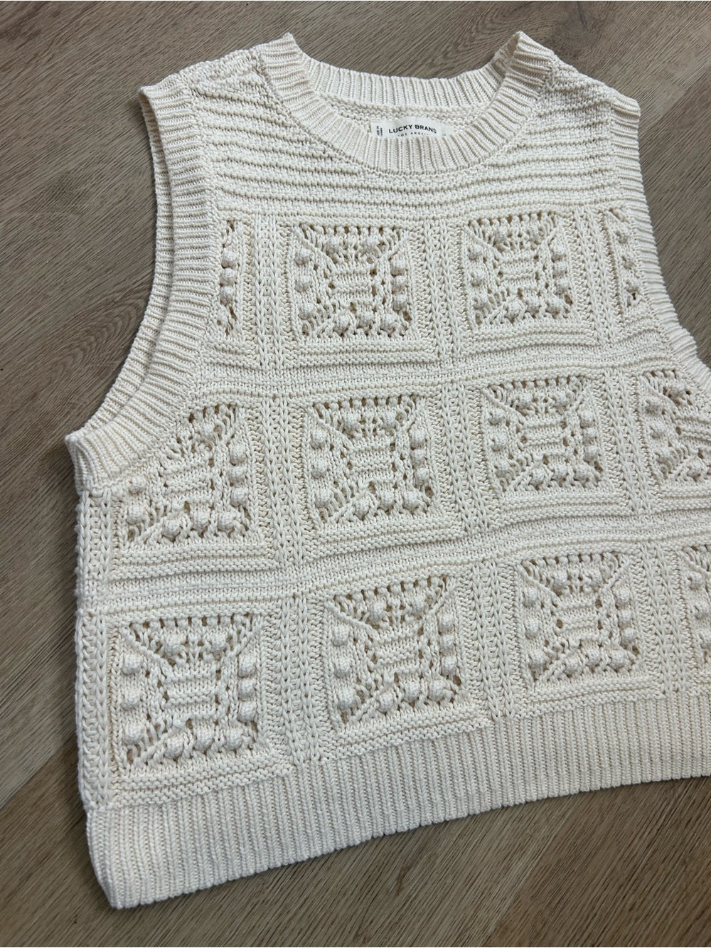 Lucky Brand 100% Cotton Cream Crochet Bobble Knit Sweater Tank Top
