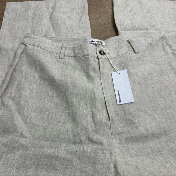 Reformation Reformation 100% Linen Freddie Straight Leg Trouser Pant in Oatmeal - Linen