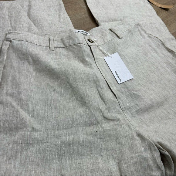 Reformation Reformation 100% Linen Freddie Straight Leg Trouser Pant in Oatmeal - Linen