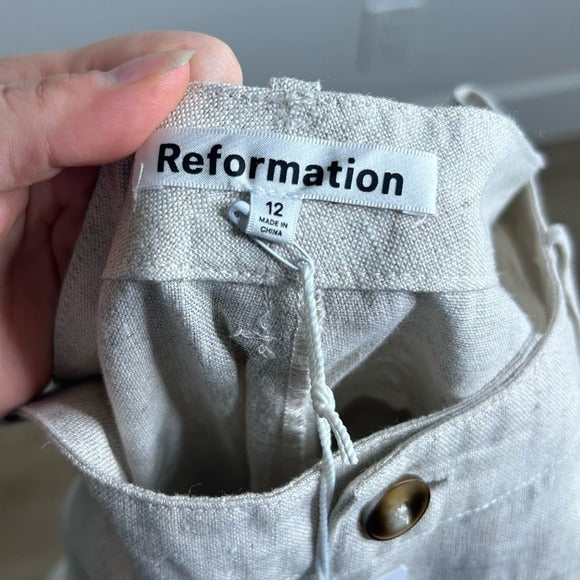Reformation 100% Linen Freddie Straight Leg Trouser Pant in Oatmeal
