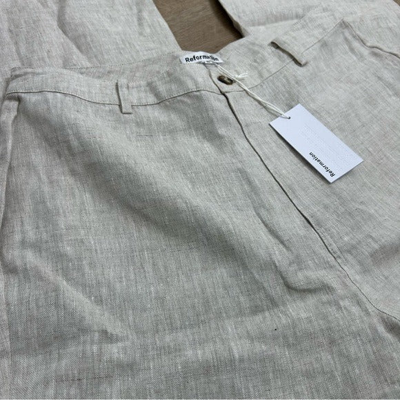 Reformation Reformation 100% Linen Freddie Straight Leg Trouser Pant in Oatmeal - Linen