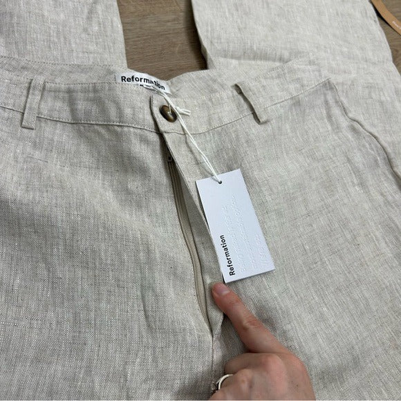 Reformation Reformation 100% Linen Freddie Straight Leg Trouser Pant in Oatmeal - Linen