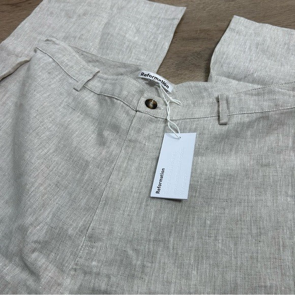 Reformation Reformation 100% Linen Freddie Straight Leg Trouser Pant in Oatmeal - Linen