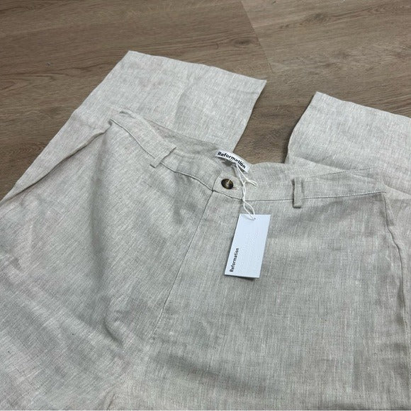 Reformation Reformation 100% Linen Freddie Straight Leg Trouser Pant in Oatmeal - Linen