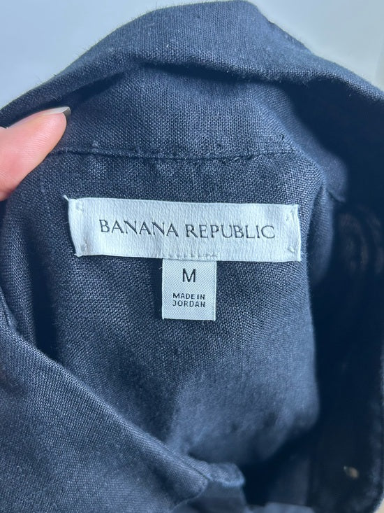 Banana Republic 100% Linen Black Asymmetrical Button Down Shirt Dress