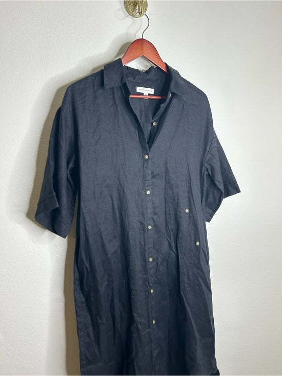 Banana Republic 100% Linen Black Asymmetrical Button Down Shirt Dress