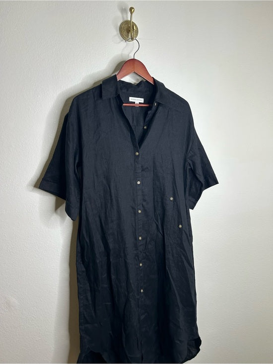 Banana Republic 100% Linen Black Asymmetrical Button Down Shirt Dress