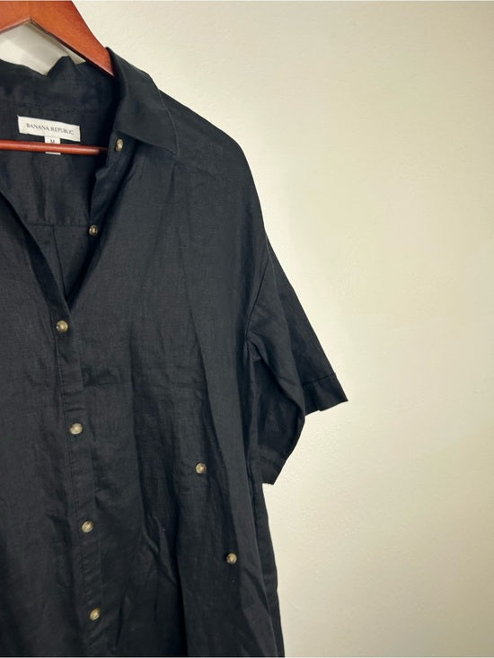 Banana Republic 100% Linen Black Asymmetrical Button Down Shirt Dress